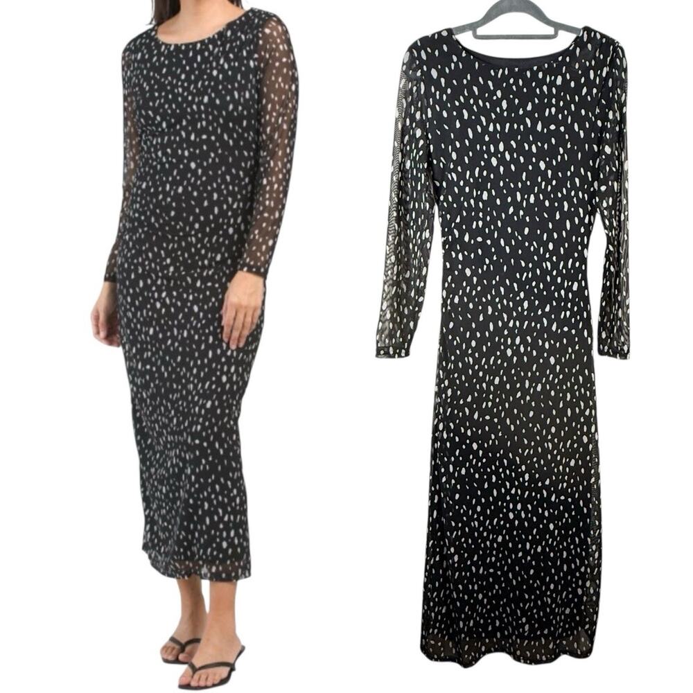 Rachel Zoe Polka Dot Long Dress Ruched Side Tulle Maxi Modest Blk/Wht SIZE XS